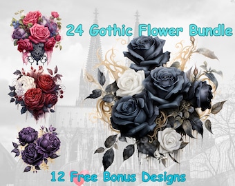 24 PNG Aquarell Gothic Blumenstrauß Clipart, Magic Gothic Blumen Clipart, Dark Fantasy Märchen PNG digitales Bild Download, Gothic Rose