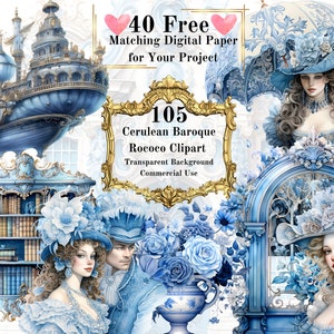 May include: A set of 105 digital clipart images in a cerulean blue and gold color scheme. The images feature a baroque rococo style with intricate details. The clipart is for commercial use and includes a transparent background.