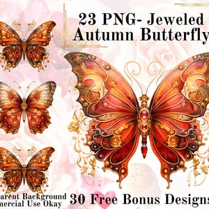 Könnte beinhalten: 23 PNG-Bilder von juwelenbesetzten Herbst-Schmetterlingen mit transparentem Hintergrund. Die Schmetterlinge sind orange, rot und goldfarben mit filigranen Details. 30 kostenlose Bonusdesigns sind ebenfalls enthalten.