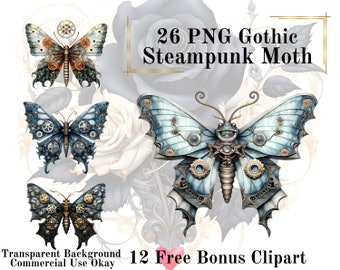 26 Gothic Steampunk Moth Watercolor Clipart Bundle-Watercolor Moth Blue PNG Transparent Background PNG Fairytale Commercial Use