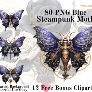 80 Blaue Steampunk Motte Aquarell Clipart Bundle-Aquarell Motte Violet PNG Transparenten Hintergrund PNG Märchen