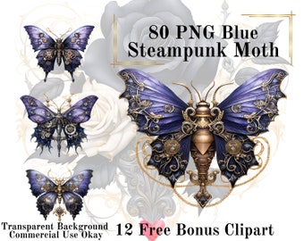 80 Blue Steampunk Moth Watercolor Clipart Bundle-Watercolor Moth Violet PNG Transparent Background PNG Fairytale