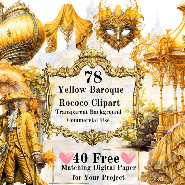 78 PNG Yellow Baroque Rococo Watercolor Clipart: Baroque Vintage Clipart Bundle Commercial Use Printable Art Transparent Background