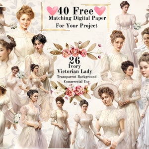Clipart femme victorienne blanche aquarelle 26 PNG : Bundle de cliparts femme victorienne vintage ivoire indésirable journal commercial fond transparent