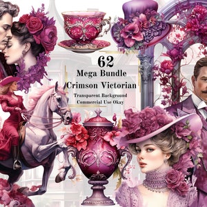 62 Crimson Victorian Watercolor Clipart Bundle –PNG Transparent Background Digital Download Fantasy Clipart of red Victorian Era ruby