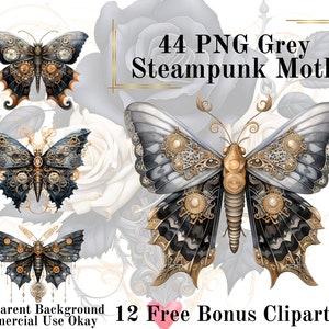 44 Grau Steampunk Moth Aquarell Clipart Bundle-Aquarell Moth Gothic PNG Transparenten Hintergrund PNG Fairytale