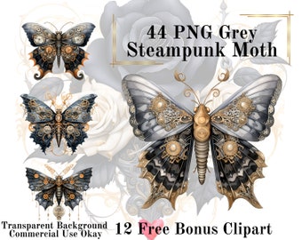 44 Grey Steampunk Moth Watercolor Clipart Bundle-Watercolor Moth Gothic PNG Transparent Background PNG Fairytale
