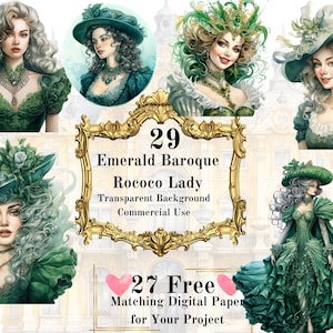 29 PNG Emerald Baroque Lady Watercolor Clipart: Baroque Rococo Green Lady Clipart Bundle scrapbooking Junk Journal Commercial Use Printable