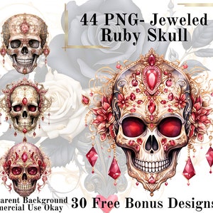 Puede incluir: Arte digital con calaveras de rubíes enjoyadas. Las calaveras están adornadas con gemas rojas y detalles dorados. La imagen incluye el texto "44 PNG- Jeweled Ruby Skull" y "30 Free Bonus Designs". Una rosa blanca está en el fondo.