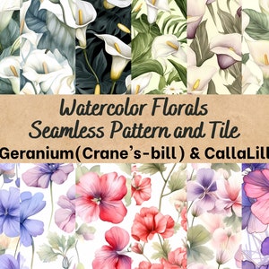 Può includere: Motivi floreali ad acquerello senza cuciture e piastrelle con gigli bianchi, gerani rosa e viola e gerani rossi. Il testo "Watercolor Florals Seamless Pattern and Tile - Geranium (Crane's-bill) & Calla Lilly" è visualizzato su uno sfondo marrone.