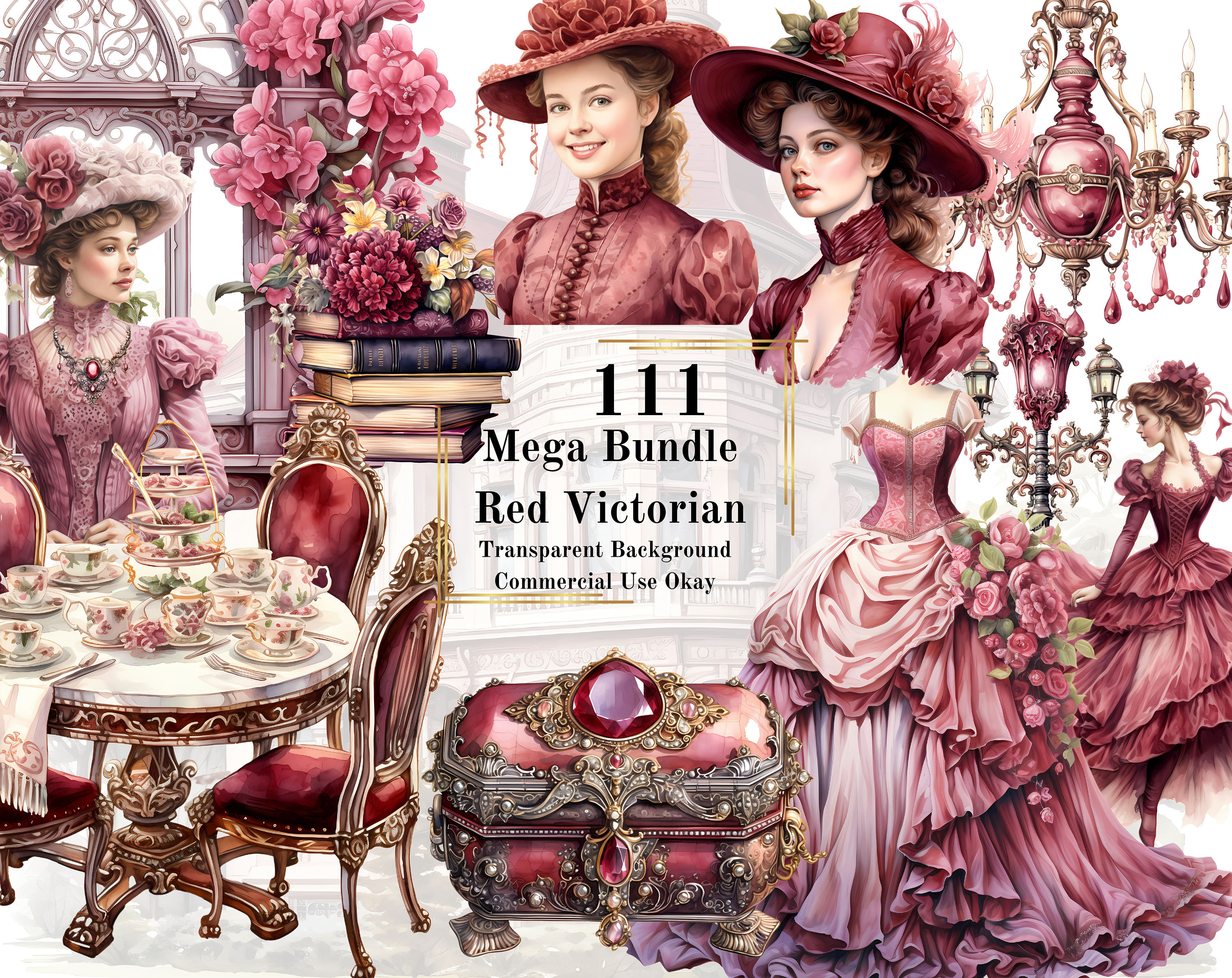 111 Burgundy Victorian Watercolor Clipart Bundle –PNG Transparent Background Digital Download Fantasy Clipart of Red Victorian Era Burgundy