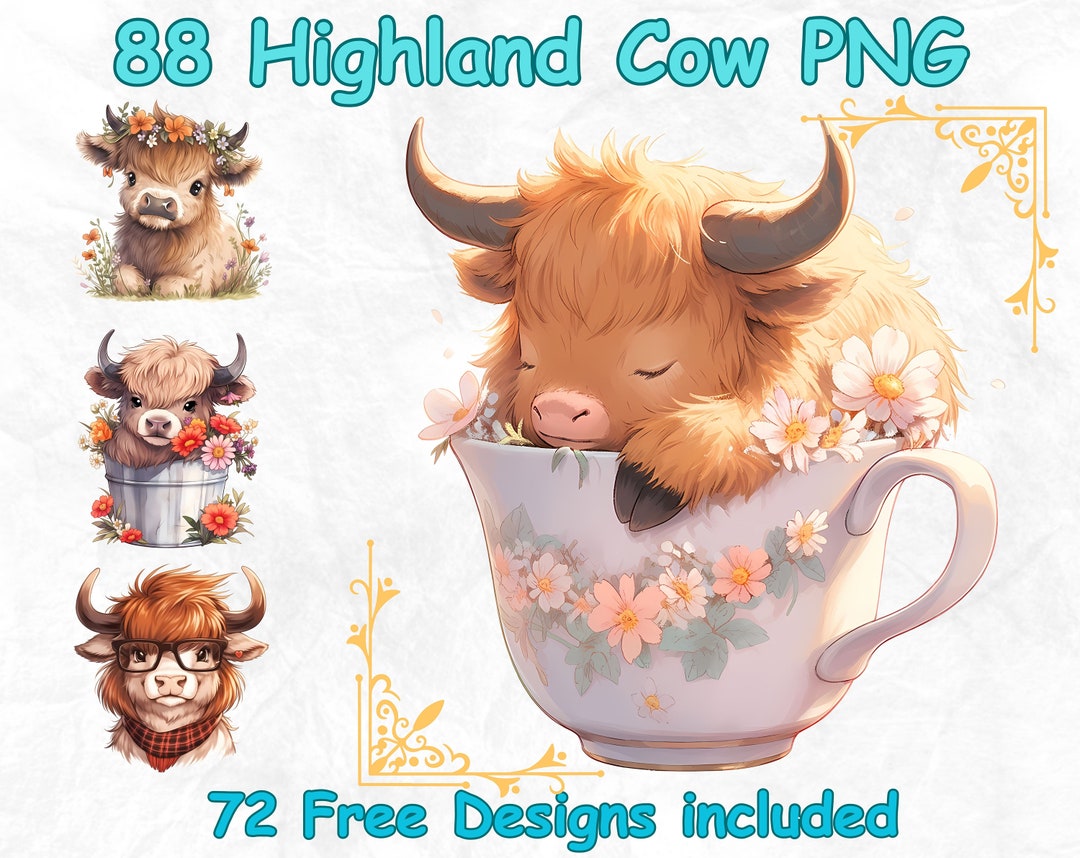 88 Adorable Baby Highland Cow Watercolor Clipart Bundle PNG Transparent ...