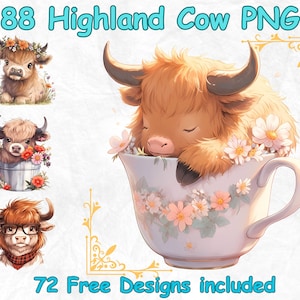 88 adorabile cucciolo di mucca dell'altopiano Acquerello Clipart bundle PNG Sfondo trasparente PNG scrapbooking di clipart animali del bambino della mucca dell'altopiano