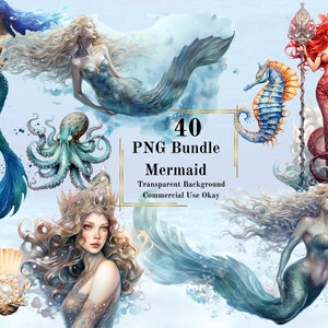 Lot de 40 cliparts aquarelle sirène – Clipart sirène hyper détaillés fond Transparent sublimation aquarelle usage commercial Poséidon