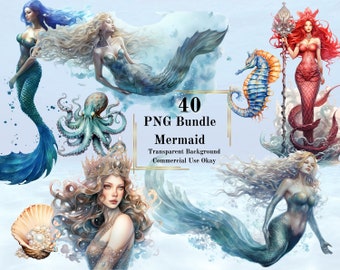 40 Mermaid Watercolor clipart bundle–Hyper Detailed Mermaid Clipart Transparent Background watercolor sublimation Commercial Use Poseidon