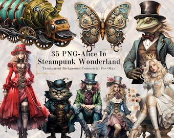 35 Alice in Wonderland steampunk Watercolor Fairytale Clipart: Watercolor Clipart bundle PNG Transparent Background PNG Fairytale