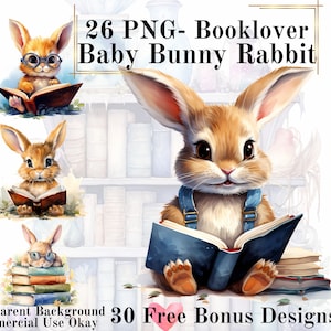 26 PNG Baby Bunny Rabbit Aquarell Booklover Clipart Bundle, Reading Bunny Rabbit Clip Art, Fantasy Reading Clipart, Reading Book