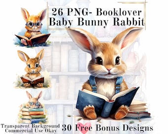 26 PNG Baby Bunny Rabbit Watercolor Booklover Clipart Bundle, Reading Bunny Rabbit Clip Art, Fantasy Reading Clipart, Reading Book