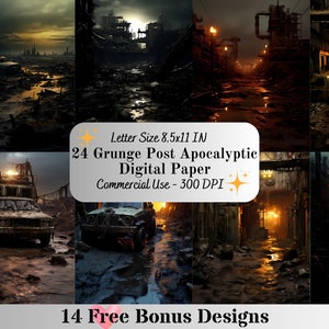 May include: A digital paper pack with 24 grunge post-apocalyptic designs in a dark, gritty style. The designs feature abandoned buildings, rusty vehicles, and a desolate landscape. The pack includes 14 free bonus designs. Letter size is 8.5x11 inches.