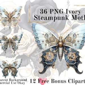 36 Weiße Steampunk Moth Aquarell Clipart Bundle-Aquarell Moth Ivory PNG Transparenten Hintergrund PNG Fairytale