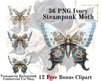 36 White Steampunk Moth Watercolor Clipart Bundle-Watercolor Moth Ivory PNG Transparent Background PNG Fairytale