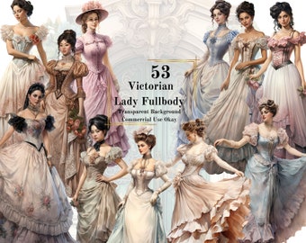 53 PNG Full body Victorian Lady Watercolor Clipart: Victorian Vintage Lady Clipart Bundle scrapbooking Junk Journal Commercial Use Printable