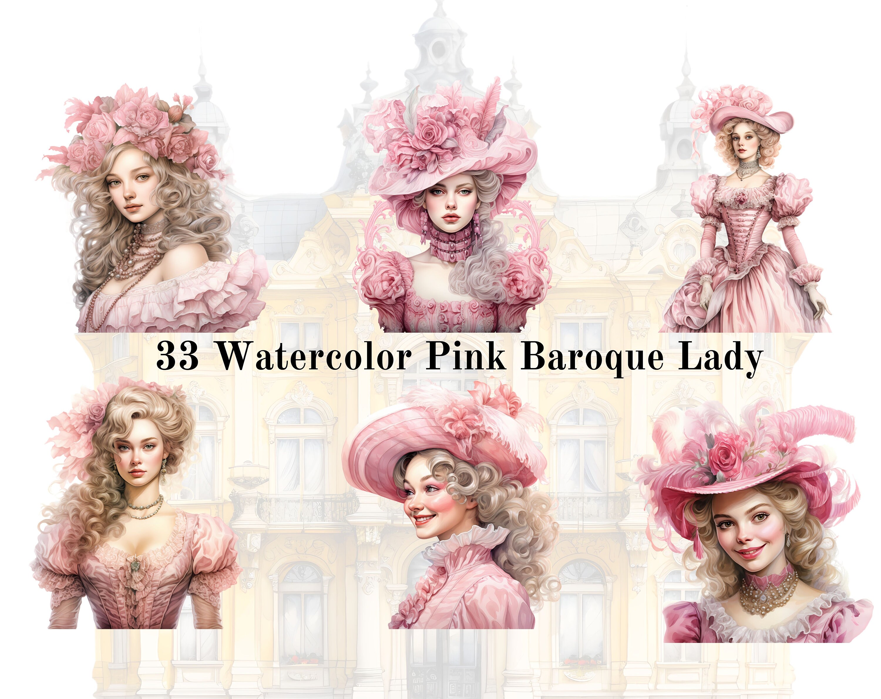 33 PNG Pink Baroque Lady Watercolor Clipart: Baroque Rococo Vintage ...