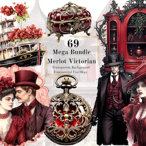 69 Merlot Victorian Watercolor Clipart Bundle –PNG Transparent Background Digital Download Fantasy Clipart of red Victorian Era ruby