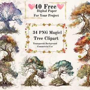34 PNG Woodland Tree Watercolor Clipart Bundle: Junk Journal Fantasy Tree PNG Magical Tree Transparent Clip Art Beautiful Tree Landscape