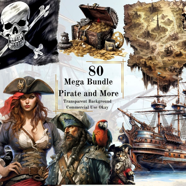 80 Piraten Aquarell Clipart Bundle-Aquarell Age of Sea PNG Transparenten Hintergrund PNG Schatzkarte Schiff Clipart Fantasy Lady Pirat