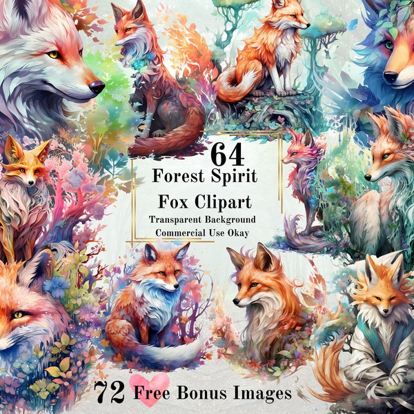 64 Forest Spirit Fox Watercolor Clipart Bundle-Watercolor Fairytale Clipart PNG Transparent Background PNG Fairytale Commercial Use