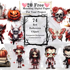 74 PNG rote Halloween Aquarell Clipart Bundle: Junk Journal niedlichen Werwolf Zombie Vogelscheuche Skelett Geist Geisterhaus Vampirschädel