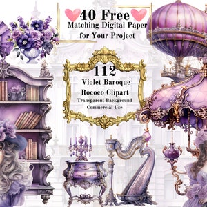 112 PNG Violeta Barroco Rococó Aquarela Clipart: Barroco Roxo Clipart Pacote Uso Comercial Arte para Impressão Fundo Transparente