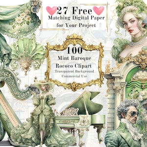 100 PNG Light Green Baroque Rococo Watercolor Clipart: Baroque Vintage Clipart Bundle Commercial Use Printable Art Transparent Background