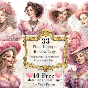 33 PNG Pink Baroque Lady Watercolor Clipart: Baroque Rococo Vintage Lady Clipart Bundle scrapbooking Junk Journal Commercial Use Printable