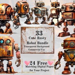 Puede incluir: Una descarga digital de 33 ilustraciones de robots oxidados lindos con fondos transparentes. Los robots están en varias poses y tienen una estética vintage steampunk. La imagen también incluye texto que dice "33 Cute Rusty Robot Bundle", "Transparent Background", "Commercial Use", "24 Free Matching Digital Paper for Your Project".