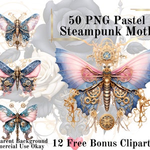 50 Pastell Steampunk Moth Aquarell Clipart Bundle-Aquarell Moth Pink PNG Transparenten Hintergrund PNG Fairytale