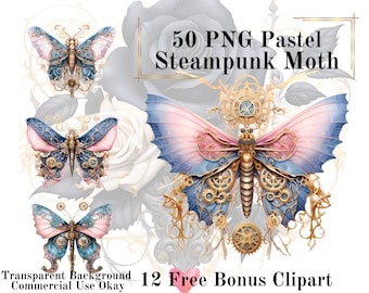 50 Pastel Steampunk Moth Watercolor Clipart Bundle-Watercolor Moth Pink PNG Transparent Background PNG Fairytale