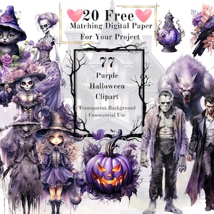 77 PNG Viola Halloween Acquerello Clipart Bundle: Junk Journal Spooky lupo mannaro zombie spaventapasseri scheletro fantasma casa stregata vampiro cranio