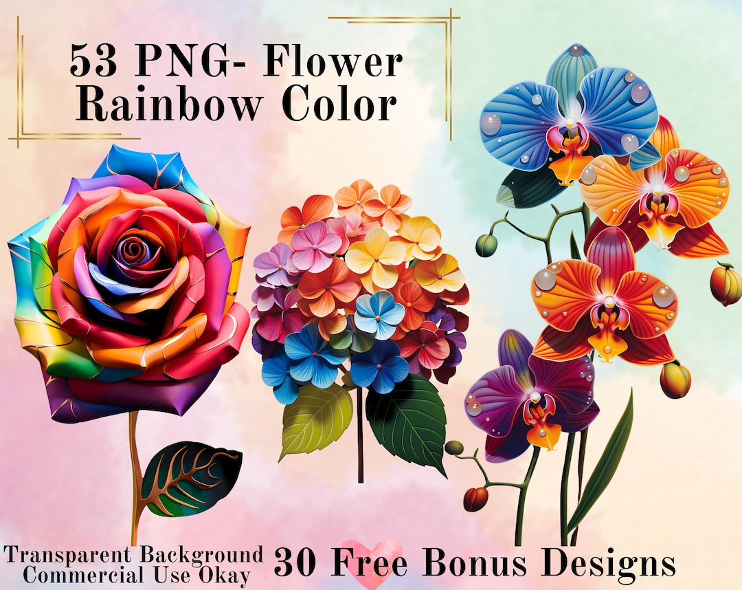 53 Rainbow Color Flower Watercolor Clipart Bundle-watercolor Floral