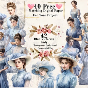 42 PNG Blue Victorian Lady Watercolor Clipart: Victorian Vintage Lady Clipart Bundle Junk Journal Commercial Transparent Background