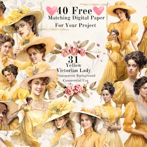 31 PNG jaune victorien Lady aquarelle Clipart : victorien vintage Lady Clipart Bundle Junk Journal utilisation commerciale fond Transparent