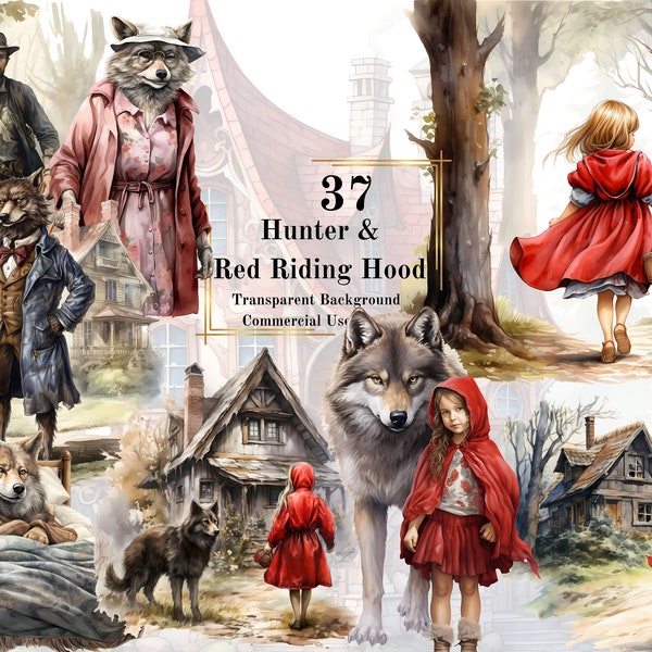 37 Red Riding Hood and Hunter Watercolor Clipart Bundle-Watercolor Huntsman Red Riding Hood Victorian PNG Transparent Background Fairytale
