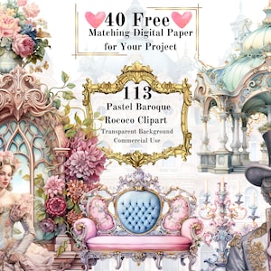 113 PNG Pastel Baroque Rococo Watercolor Clipart: Baroque Rainbow Clipart Bundle Commercial Use Printable Art Transparent Background
