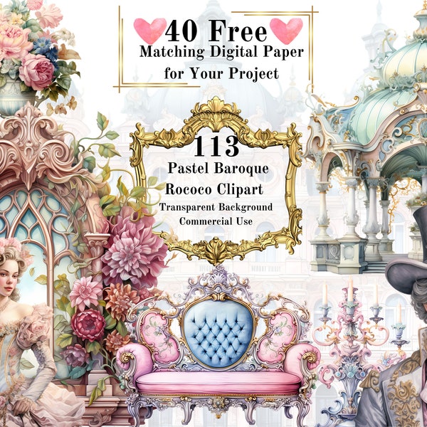 113 PNG Pastel Baroque Rococo Watercolor Clipart: Baroque Rainbow Clipart Bundle Commercial Use Printable Art Transparent Background