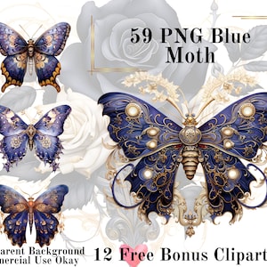 59 Blaue Motte Aquarell Clipart Bundle-Aquarell Motte Violet PNG Transparenten Hintergrund PNG Märchen Kommerzielle Nutzung Sofortiger Download