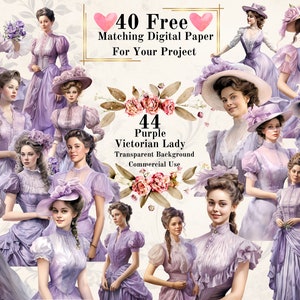 44 PNG roxo vitoriano senhora aquarela clipart: lilás vitoriano vintage senhora clipart pacote lixo diário comercial fundo transparente