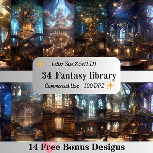 34 Magical Library Digital Paper- Letter Size Enchanted Library Background Celestial Library Junk Journal Kit Magic Library backdrop