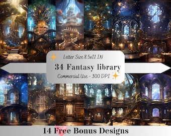 34 Magical Library Digital Paper- Letter Size Enchanted Library Background Celestial Library Junk Journal Kit Magic Library backdrop