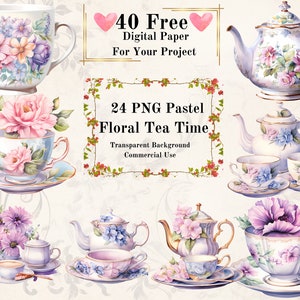 24 PNG Pastel Floral Tea Time Aquarela Clipart Pacote: Junk Journal Fantasia Bule de Chá Xícara de Chá Mágica Vintage Tea Party Aquarela PNG